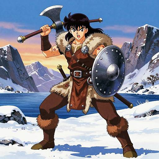 Anime-style drawing of a fierce warrior with black hair, holding an axe and shield, standing in snowy mountains at sunset.