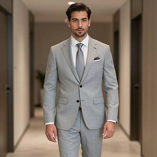 Photograph of a handsome man with dark hair and beard, wearing a light gray suit, white shirt, and gray tie, walking down a modern,