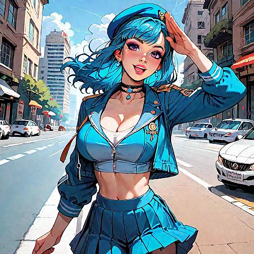 Anime Woman with Blue Hair Saluting in City