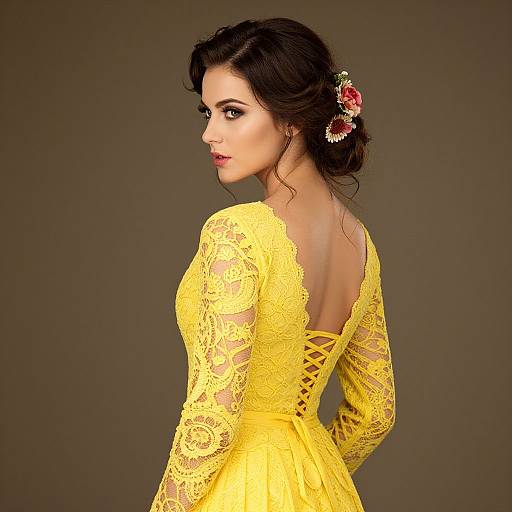 Photograph of a beautiful woman with dark hair in an updo, wearing an intricate yellow lace dress, back to the camera, against a plain brown