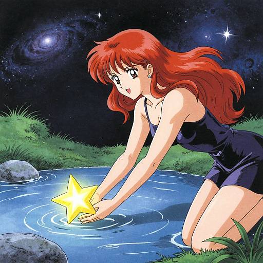 Anime-style illustration of a red-haired girl in a dark swimsuit, kneeling by a glowing star in a nighttime pond.