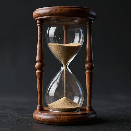 Photograph of a transparent wooden hourglass with sand, set against a dark, textured background, highlighting the glass's clarity and wood's rich grain.