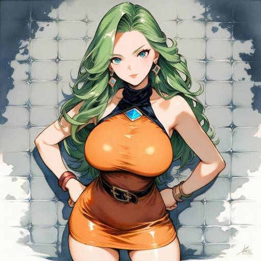 Anime Style Woman with Green Hair and Orange Dress