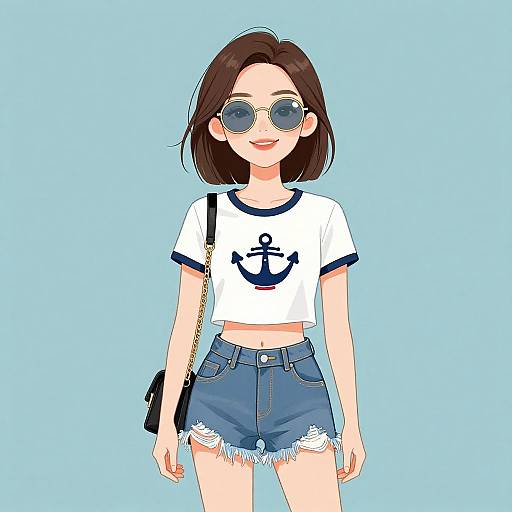 Digital anime-style drawing of a cute young woman with short brown hair, wearing blue denim shorts, white cropped t-shirt with anchor, round sunglasses, and