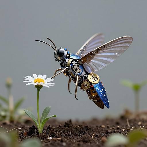 Close-up photograph of a metallic, steampunk-style fly with blue and silver components, hovering over a white daisy with a yellow center, on