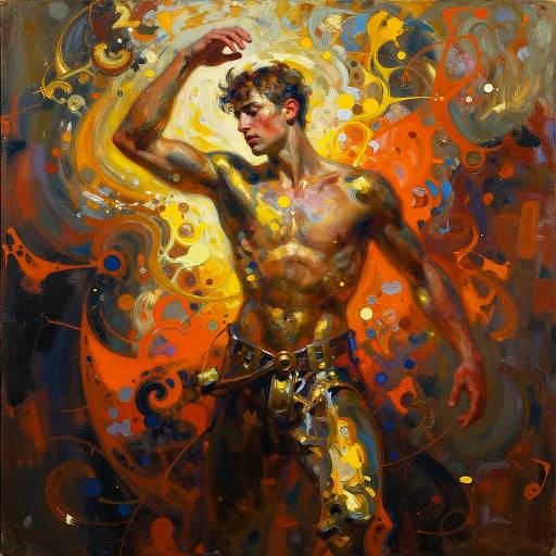 Vibrant abstract painting of a muscular, shirtless man with fiery orange and yellow swirls, raising his right arm, dynamic and energetic.