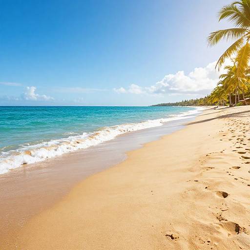 Photograph of a sunny tropical beach with clear blue ocean, white waves, golden sand, and tall palm trees on the right.
