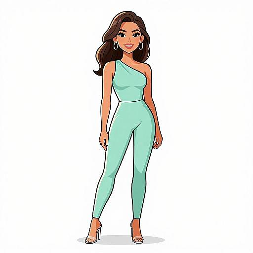 Digital illustration of a confident woman with medium brown skin, long dark brown hair, wearing a light turquoise one-shoulder jumpsuit and white heels.