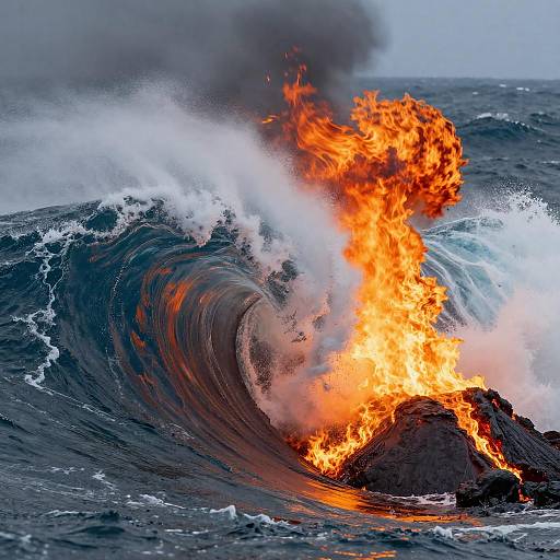 Photograph of a massive ocean wave crashing over a glowing, fiery volcanic rock, with bright orange flames and dark, smoky plume rising.