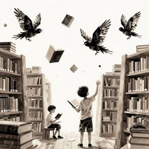 Monochrome anime drawing: Two children in a library, books flying, and black crows above. One child sits, the other stands, reading.