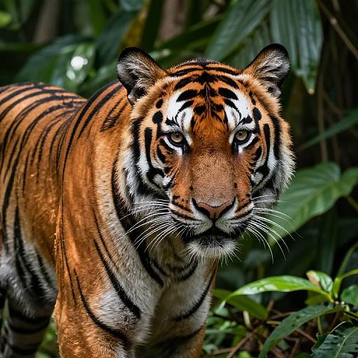 Photograph of a striking Bengal tiger with vivid orange and black stripes, piercing yellow eyes, and white facial markings, standing amidst lush green foliage in a
