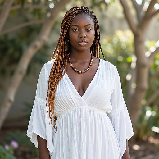 Photograph of a beautiful Black woman with long braided hair, wearing a white V-neck dress and wooden bead necklace, standing in a sunlit,