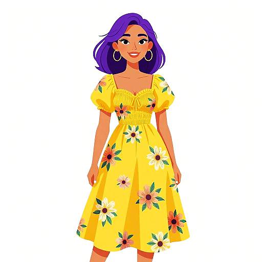 Digital illustration of a smiling woman with purple hair, wearing a yellow floral dress, large hoop earrings, and standing against a white background.