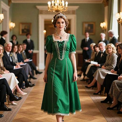 Woman in Green Vintage Dress Walking in Elegant Hall