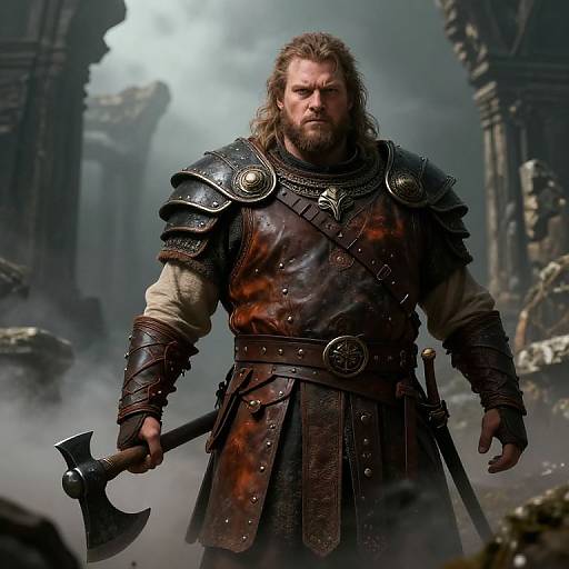 Photorealistic digital artwork of a muscular, bearded Viking warrior with long brown hair, wearing dark leather armor and holding an axe, standing in a