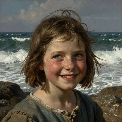 Photorealistic painting of a smiling, freckled, blue-eyed young girl with windblown brown hair, wearing a rustic shirt, standing by