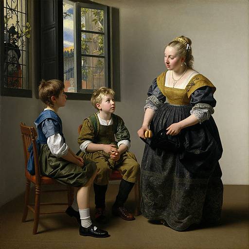 Photograph of a 17th-century-style painting: A fair-skinned woman in a dark, patterned dress stands beside two young boys in period