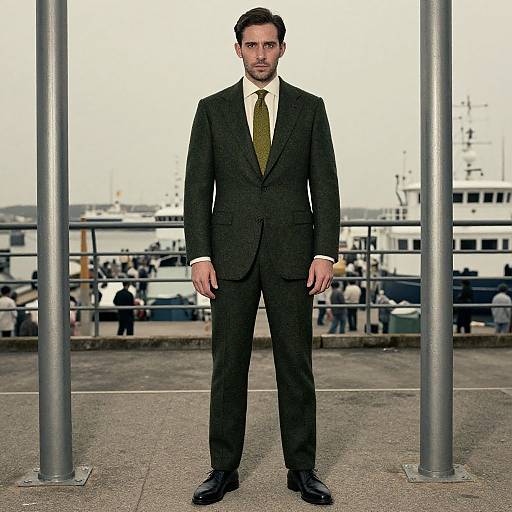 Photograph of a serious, dark-haired man in a black suit with a yellow tie, standing on a dock between metal poles, with a blurred mar