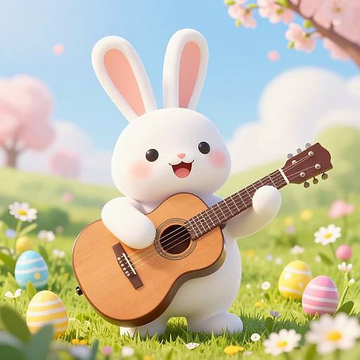 Cheerful Bunny Playing Guitar in Spring