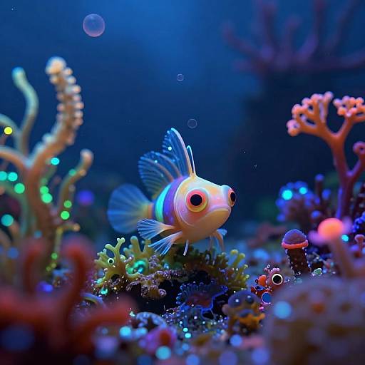Photograph of a vibrant, blue-striped clownfish with large eyes, swimming amidst colorful coral and bubbles in a rich blue underwater scene.