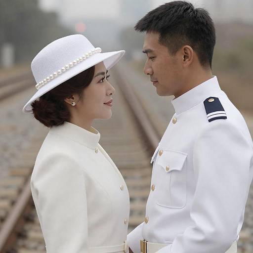 Uniformed Couple by Train Tracks