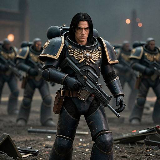 Photograph-style CGI of a serious, black-haired man in dark, winged-embroidered armor, holding a rifle, surrounded by armed soldiers