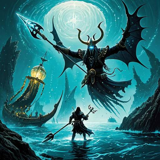 Fantasy Corsair Facing Dark Winged Demon in Mystic Waters