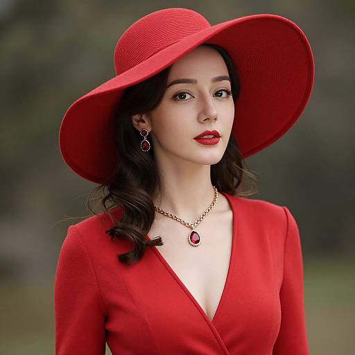Elegant Woman in Red Hat and Dress