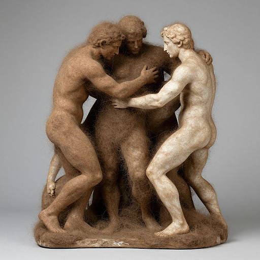 Photograph of a classical sculpture depicting three nude, intertwined figures with varying skin tones—brown, beige, and white—emphasizing emotional connection and
