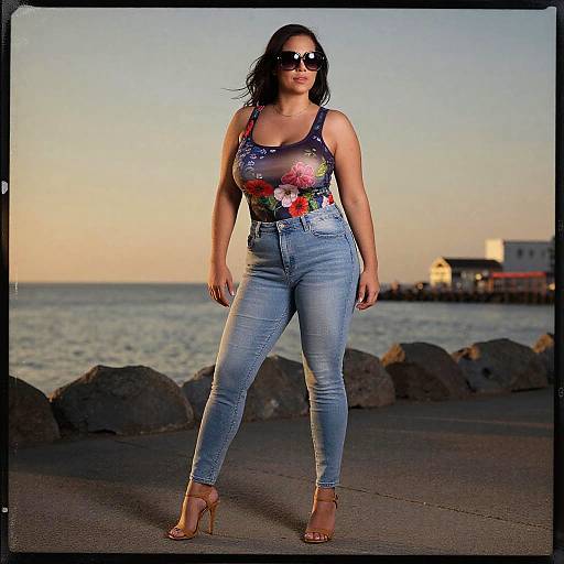 Photograph of a curvy woman with dark hair, wearing black sunglasses, floral tank top, and blue jeans, standing by a seaside pier at sunset