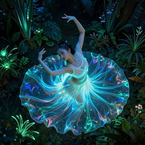 Photograph of a glowing, neon-blue, fairy-like ballerina with a luminous, iridescent dress, dancing amidst dark, biolum