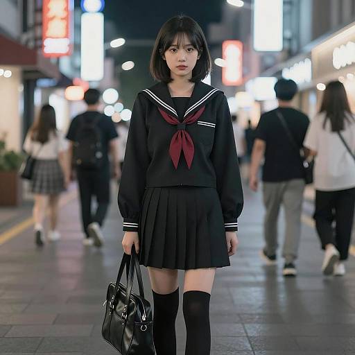 Urban Night Scene with Asian Schoolgirl