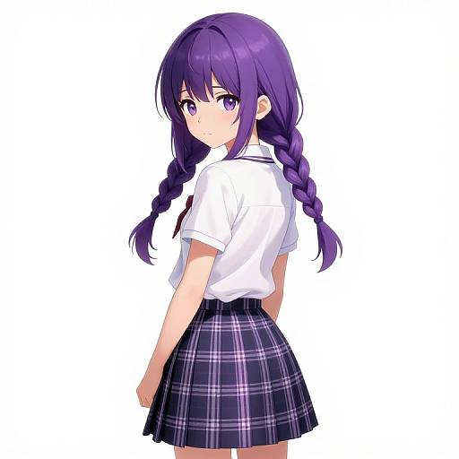 Anime-style digital drawing of a purple-haired girl with braided hair, wearing a white shirt and purple plaid skirt, looking back over her shoulder.