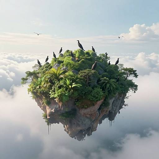 Photorealistic CGI of a floating island covered in lush greenery and trees, with several black birds perched on top, reflected in a cloudy sky