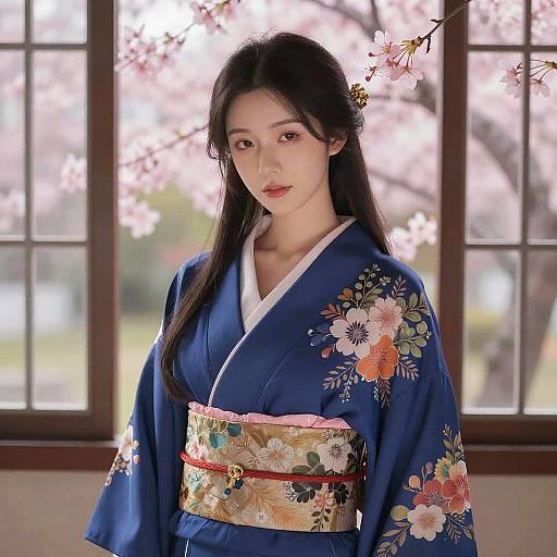 Elegant Woman in Kimono with Cherry Blossoms