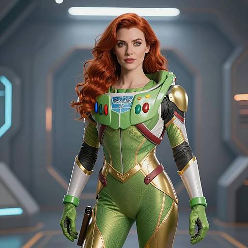 Female Superhero in Green and Gold Buzz Lightyear Costume