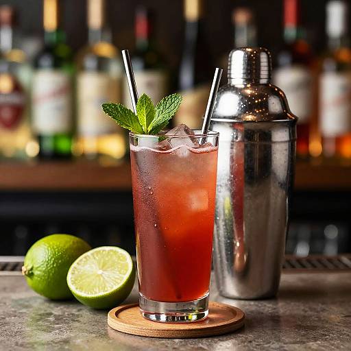 Photograph of a red cocktail with ice, mint garnish, and black straw on wooden coaster, beside silver shaker and two limes.
