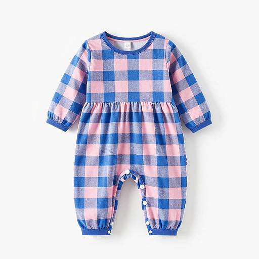 Photograph of a baby onesie with blue, pink, and white checkered pattern, featuring a round neckline, short sleeves, and snap buttons on