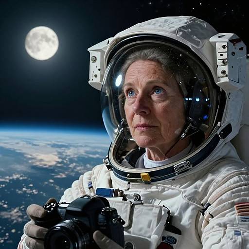 Photorealistic image of an older astronaut with gray hair in a white spacesuit, holding a camera, gazing at Earth and moon from space.