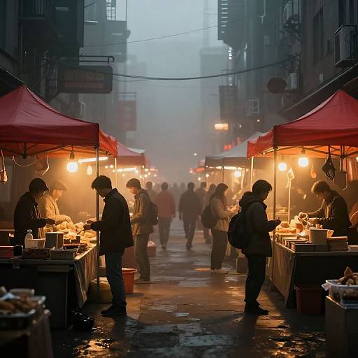Photograph of a foggy, nighttime street market with red canopy stalls, warm lights, silhouetted vendors, and shoppers in an urban setting