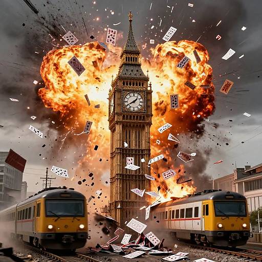Photograph of London's Big Ben engulfed in fiery explosion, surrounded by flying playing cards, with two yellow trains in foreground.