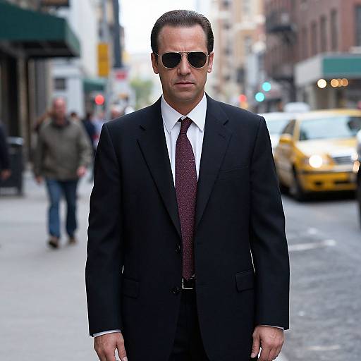 Photograph of a serious-looking man in a black suit, white shirt, maroon tie, and black sunglasses walking on a busy urban street with yellow