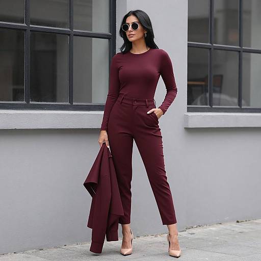 Woman in Maroon Outfit with Sunglasses