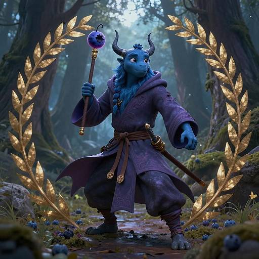 Anthropomorphic Blueberry Mage in Enchanted Forest