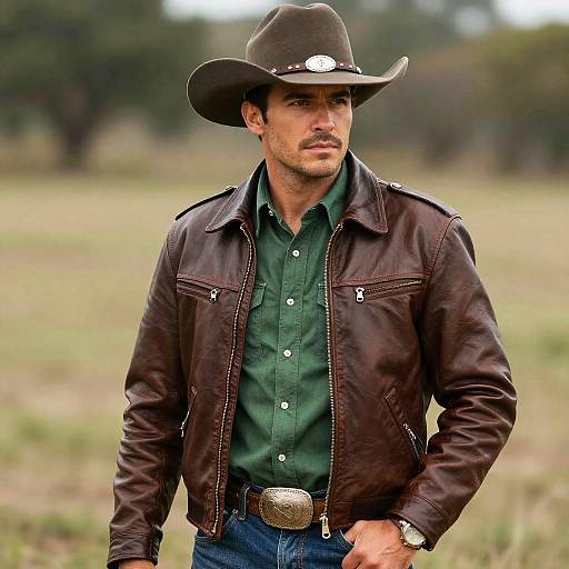 Photograph of a rugged, muscular man in a brown leather jacket, green shirt, and cowboy hat, standing in a grassy field.