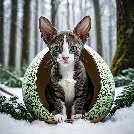 Emerald-Eyed Cornish Rex Nestled in Eggshell