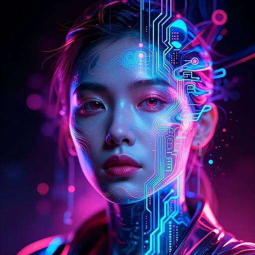 Digital portrait of an Asian woman with glowing neon circuitry on her face, illuminated in blue, pink, and purple light. Cyberpunk aesthetic, futuristic