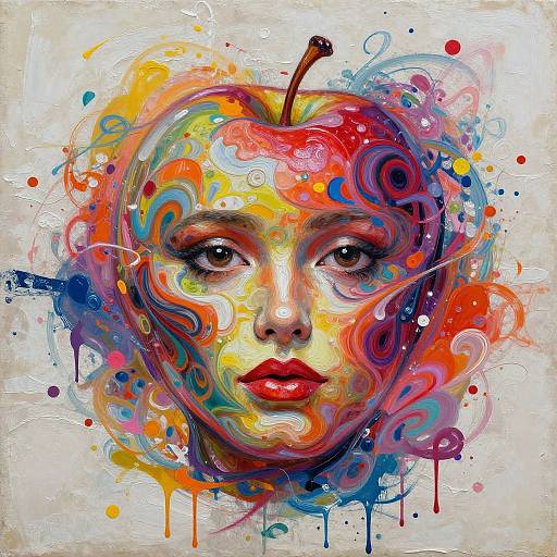 Vibrant, abstract digital painting of a melancholic woman's face, with colorful swirls and splatters, featuring red lips and a small apple