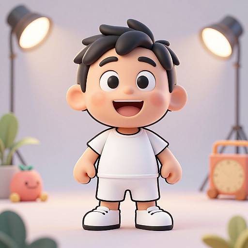3D cartoon boy with black hair, wide smile, wearing white shirt and shorts, standing in brightly lit studio with plants and lights.