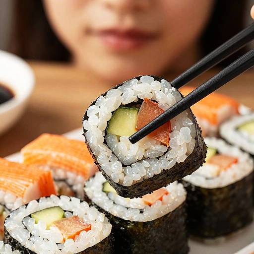 Close-up of Sushi Roll Held with Chopsticks